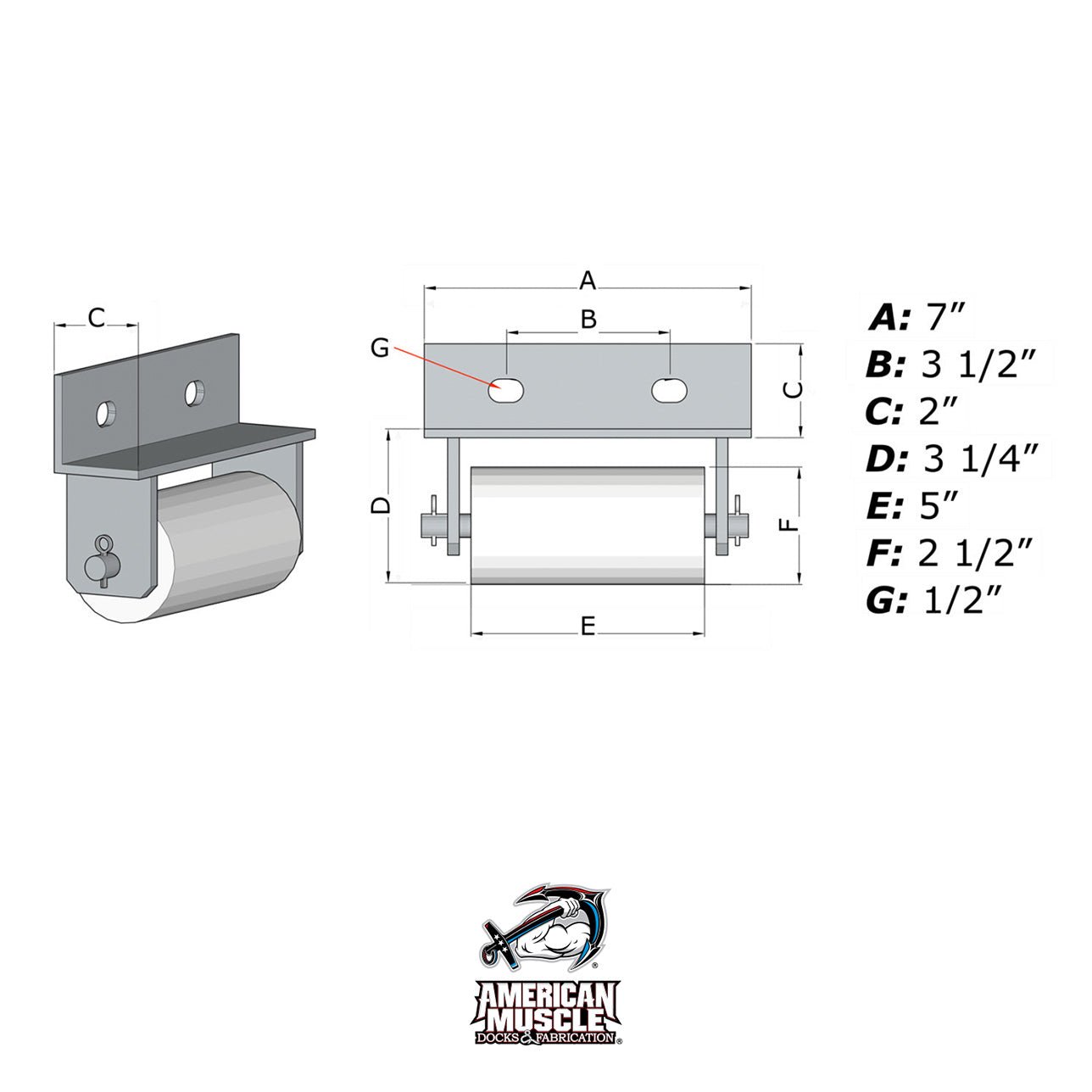 Technical diagram of the Steel Truss Dock Ramp Roller Kit with labeled dimensions A-G, showing side and front views. Includes UHMW roller details. American Muscle Docks & Fabrication logo appears at the bottom.