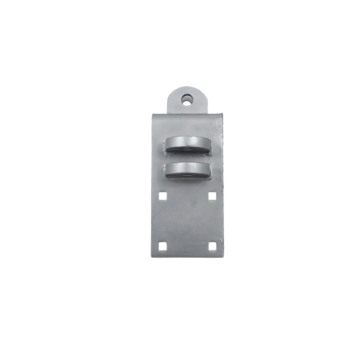 The American Muscle Docks & Fabrication Wood Dock Special Outside Corner Male - Heavy Duty is a rectangular metal bracket with four square holes, two cylindrical loops, and a rounded top with a central hole—ideal as an outside or dock corner connector.
