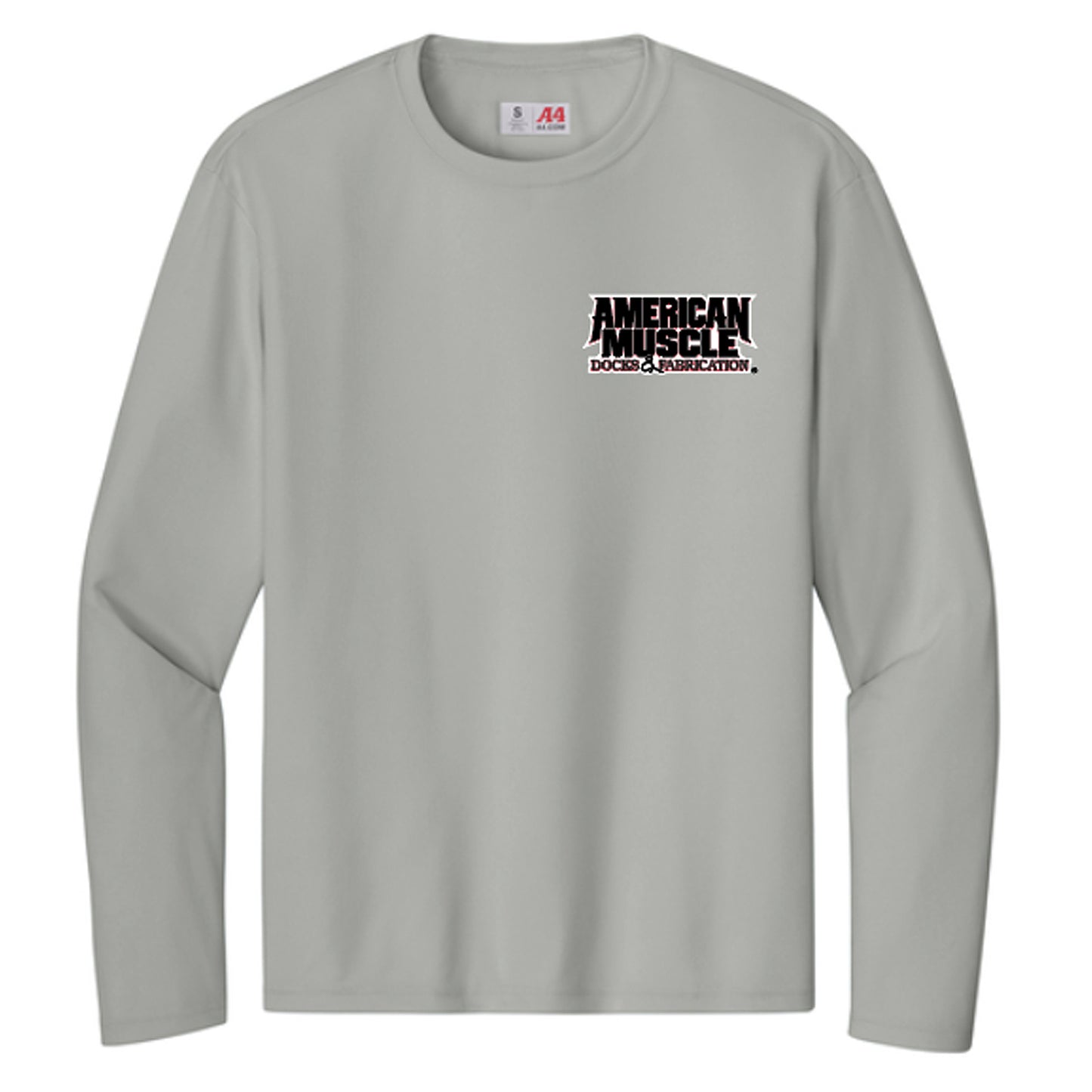 Stay comfortable all day in the AMD Cooling Performance UPF Long-Sleeve Tee by American Muscle Docks, featuring moisture-wicking fabric and a logo on the left chest.