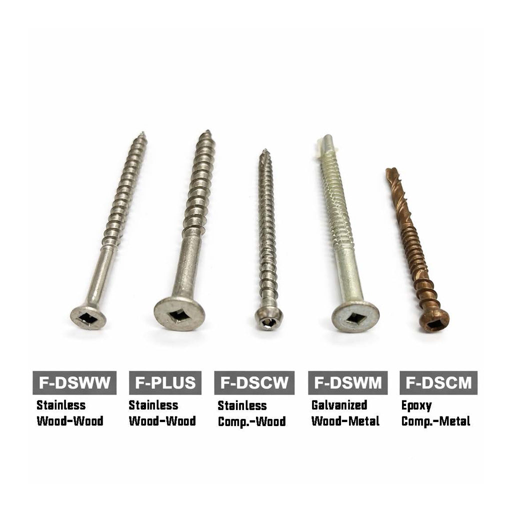Five Square Drive Deck Screws from American Muscle Docks & Fabrication are shown side by side, labeled for stainless deck screw wood-wood, stainless wood-wood plus, stainless comp.-wood, galvanized wood to metal deck screw, and epoxy comp.-metal.