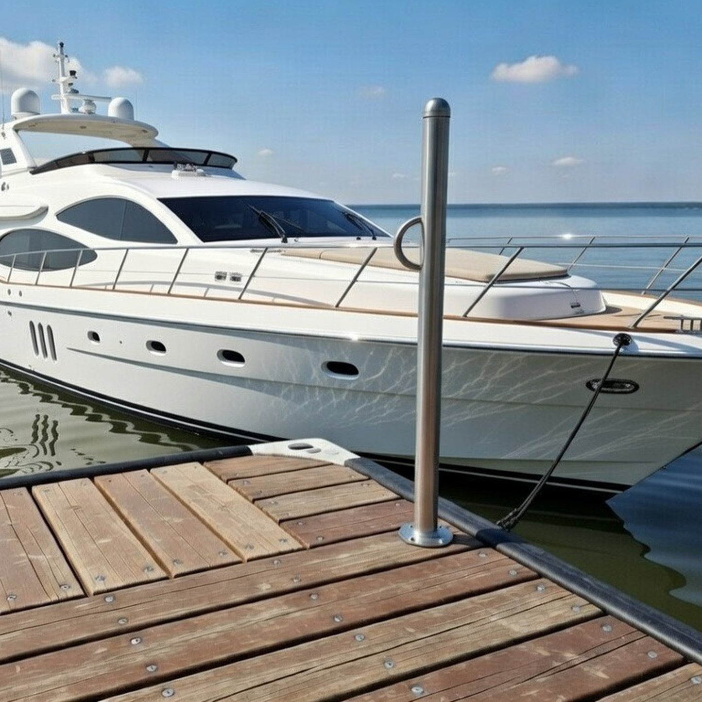Galvanized dock handrail post for safe boat boarding and water access.
