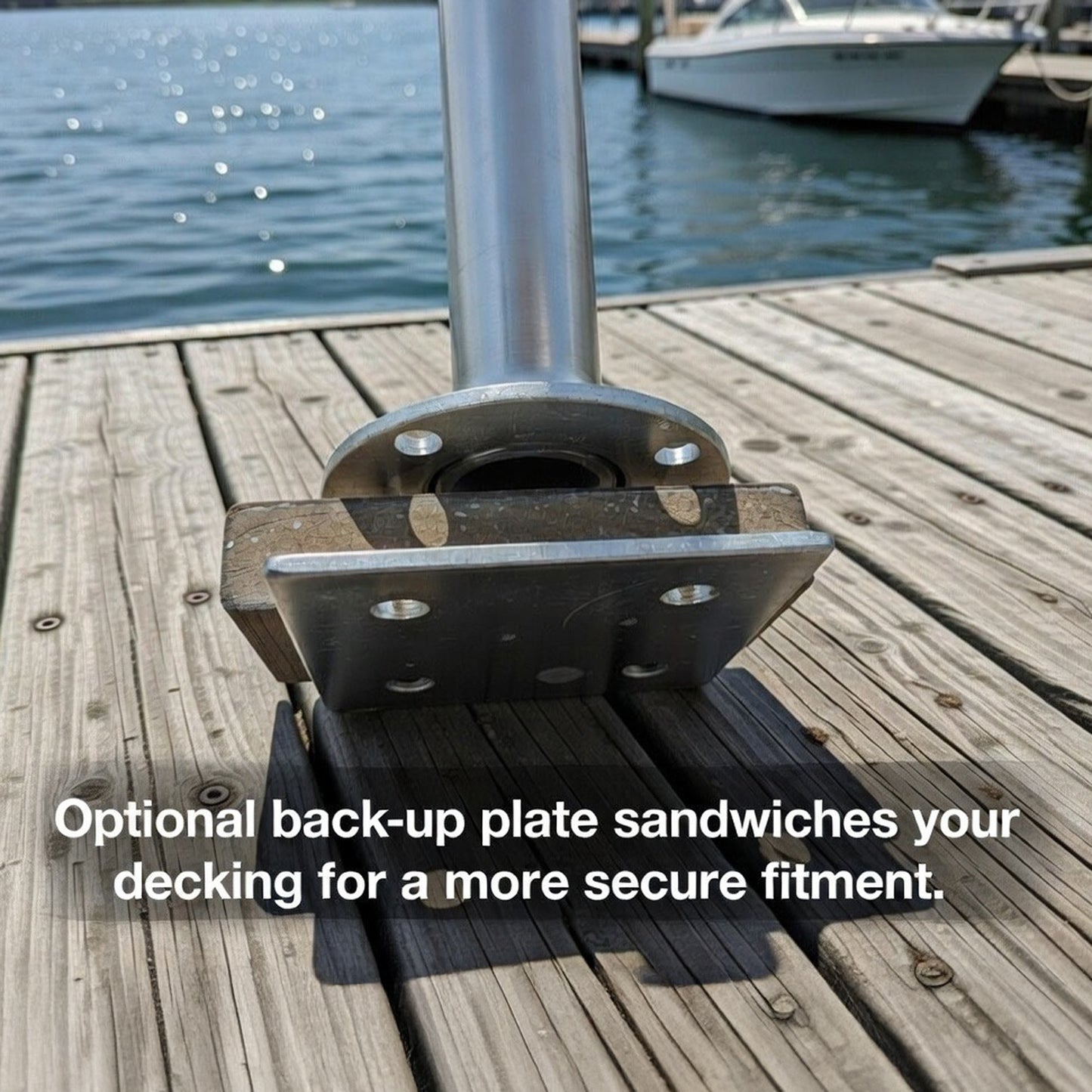 Helping hand backup plate on a wooden dock with water and boats in the background