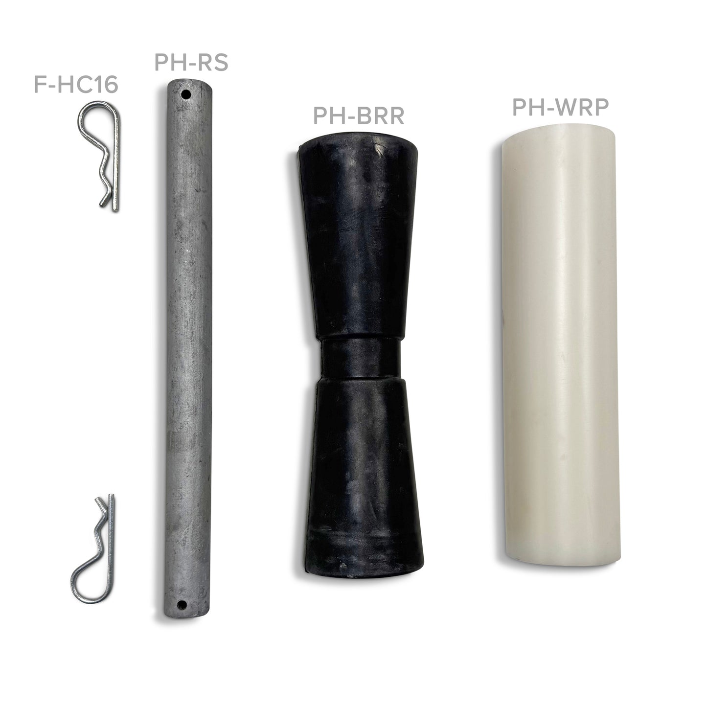 American Muscle Docks & Fabrication Pile Guide Replacement Parts shown: metal clip (F-HC16), metal rod (PH-RS), black rubber roller (PH-BRR), and white cylindrical roller (PH-WRP)—displayed side by side.