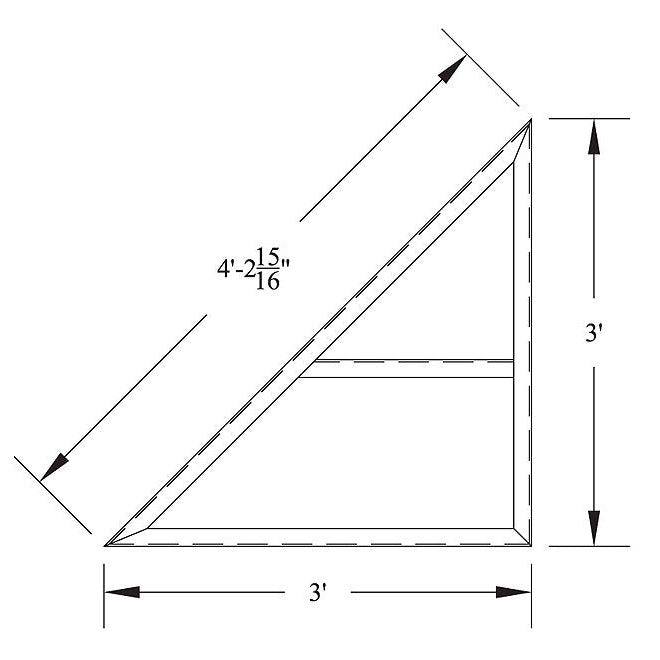 Black and white line drawing of a right triangle (base/height: 3 ft, hypotenuse: 4' 2-15/16") with dimension arrows; ideal for illustrating the American Muscle Docks & Fabrication Steel Truss Dock Finger Dock Stabilizer - 3 ft.