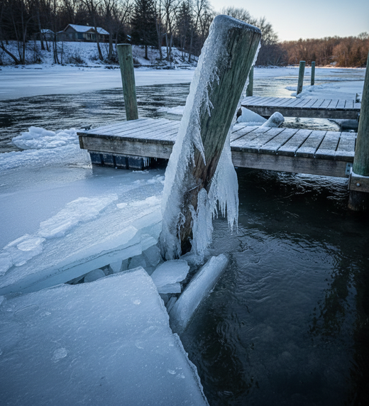 The frozen river surface is broken into large chunks around the dock structure, showing the intense pressure and vertical force exerted on the pilings during a winter freeze.