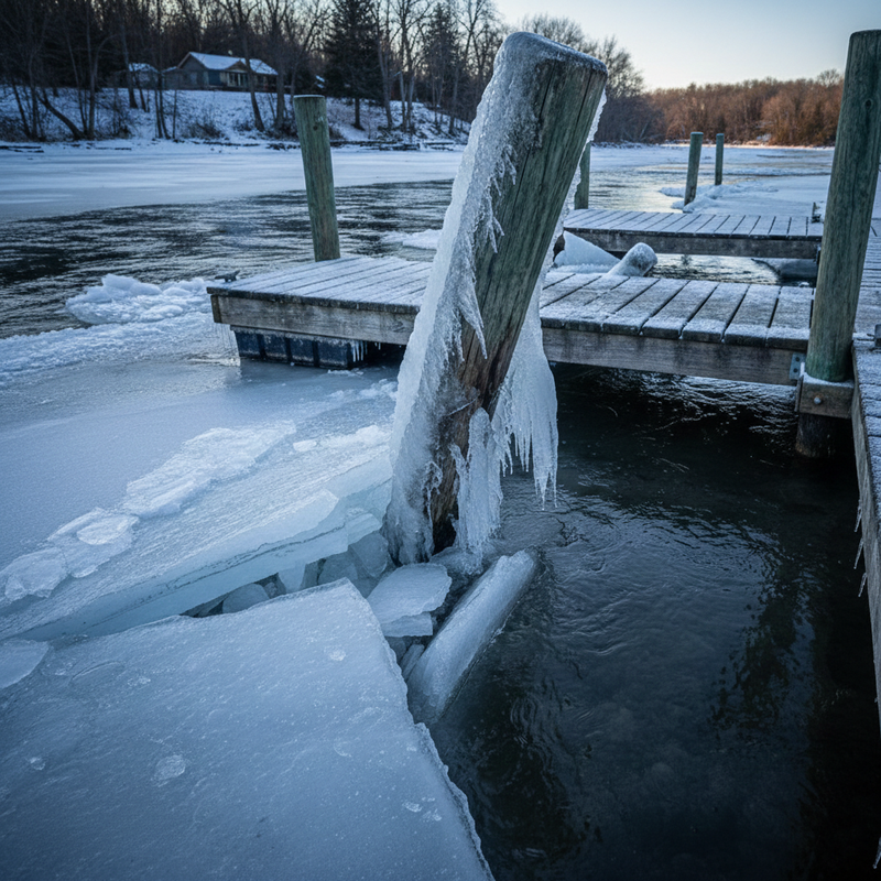 The frozen river surface is broken into large chunks around the dock structure, showing the intense pressure and vertical force exerted on the pilings during a winter freeze.