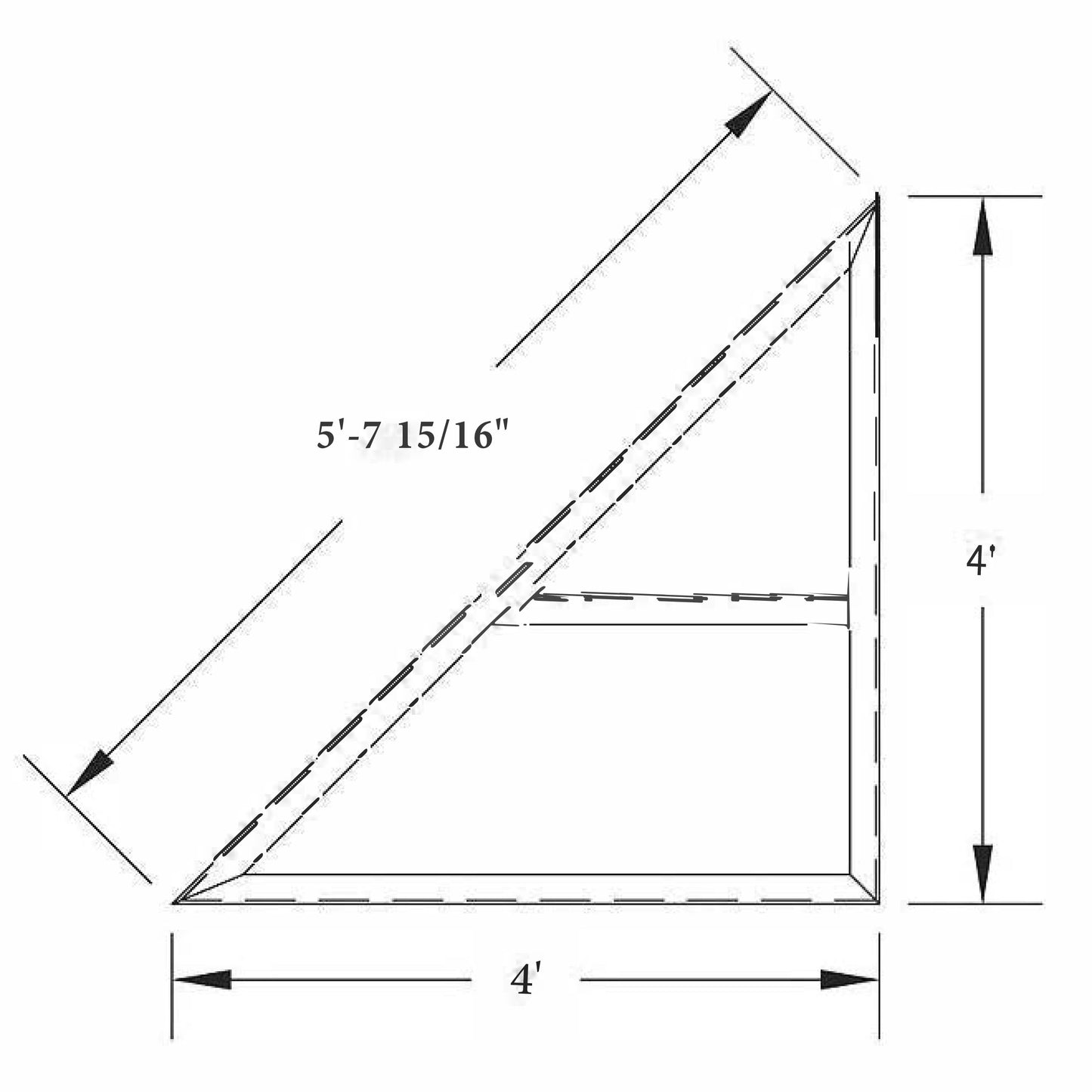 Black and white diagram shows a right triangle (base/height: 4 ft, hypotenuse: 5-7 15/16) illustrating dock stability for the American Muscle Docks & Fabrication Steel Truss Dock Finger Dock Stabilizer - 4 ft.