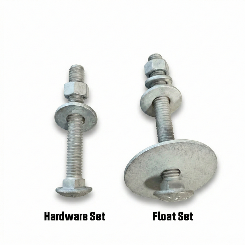 Two HDG Carriage Bolt Sets by American Muscle Docks & Fabrication shown vertically: left is Dock Hardware Set with standard washers/nuts, right is Float Set featuring a larger washer for waterfront construction.
