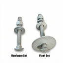 Two HDG Carriage Bolt Sets by American Muscle Docks & Fabrication shown vertically: left is Dock Hardware Set with standard washers/nuts, right is Float Set featuring a larger washer for waterfront construction.