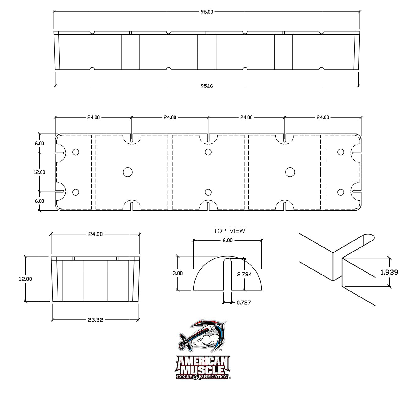 Technical drawing of the Float Drum - 2' x 8' x 12" with dimensions, cutouts, holes, and side profiles for dock flotation systems; EPS foam-filled core; American Muscle Docks & Fabrication logo at the bottom center.