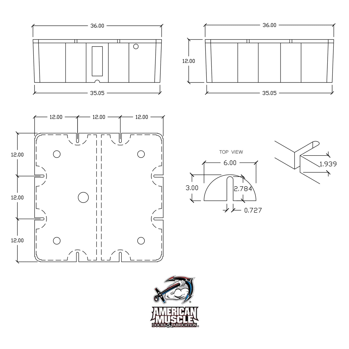 Technical drawing of the Dock Float Drum - 3' x 3' x 12" by American Muscle Docks & Fabrication, showing top, front, and side views with dimensions, section view, brand logo below. Features heavy-duty flotation with an EPS foam-filled core.