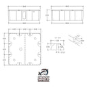 Technical drawing of the Dock Float Drum - 3' x 3' x 12" by American Muscle Docks & Fabrication, showing top, front, and side views with dimensions, section view, brand logo below. Features heavy-duty flotation with an EPS foam-filled core.