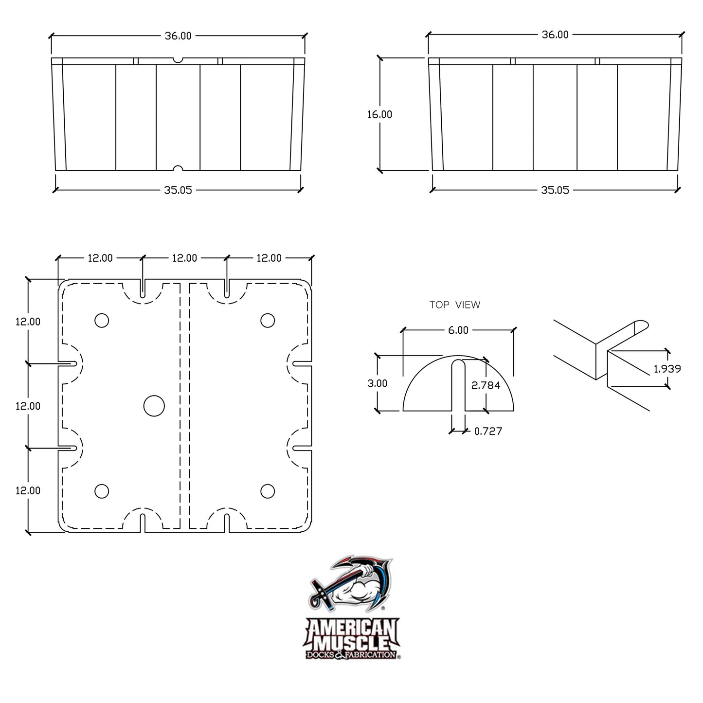 Technical drawing of the Dock Float Drum (3' x 3' x 16") by American Muscle Docks & Fabrication, showing detailed front, side, and top views with inch dimensions, sectional details, EPS foam-filled core for dock flotation, and brand logo at the bottom.
