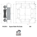 Technical drawing of an HD Square Internal Pile Guide (Rubber) from American Muscle Docks & Fabrication, featuring side and top views with measurements and the company logo.