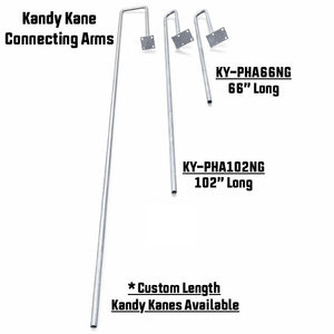 Three metal Kandy Kane connecting arms of varying lengths are shown for floating docks; 66-inch and 102-inch models are labeled, with a note about custom lengths available.
