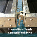 Close-up of two metal sections joined by the American Muscle Docks & Fabrication HDG Tab Connector Pin & Clip, positioned above blue water.