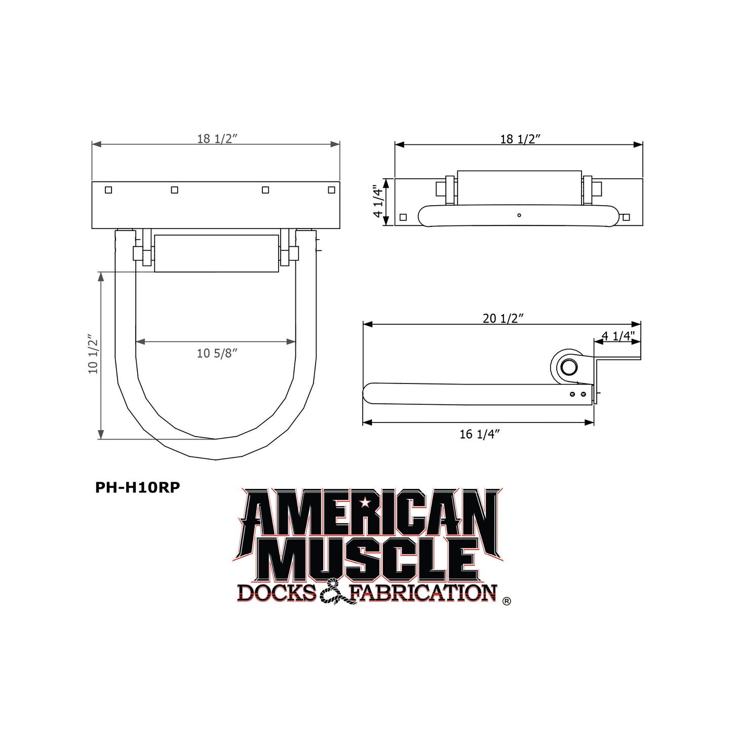 Technical drawing of an HD Hoop Pile Guide (Poly Roller) made from galvanized steel with labeled dimensions, featuring the American Muscle Docks & Fabrication logo at the bottom.