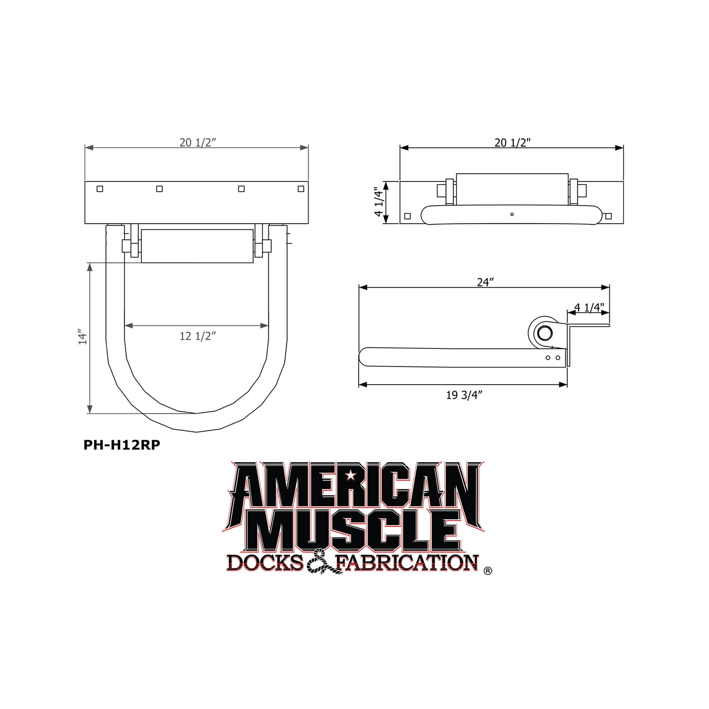 Technical drawing of HD Hoop Pile Guides (Poly Roller) showing top, front, and side views with labeled dimensions. Includes galvanized steel dock bracket details and the American Muscle Docks & Fabrication logo at the bottom.