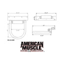 Technical drawing of HD Hoop Pile Guides (Poly Roller) showing top, front, and side views with labeled dimensions. Includes galvanized steel dock bracket details and the American Muscle Docks & Fabrication logo at the bottom.