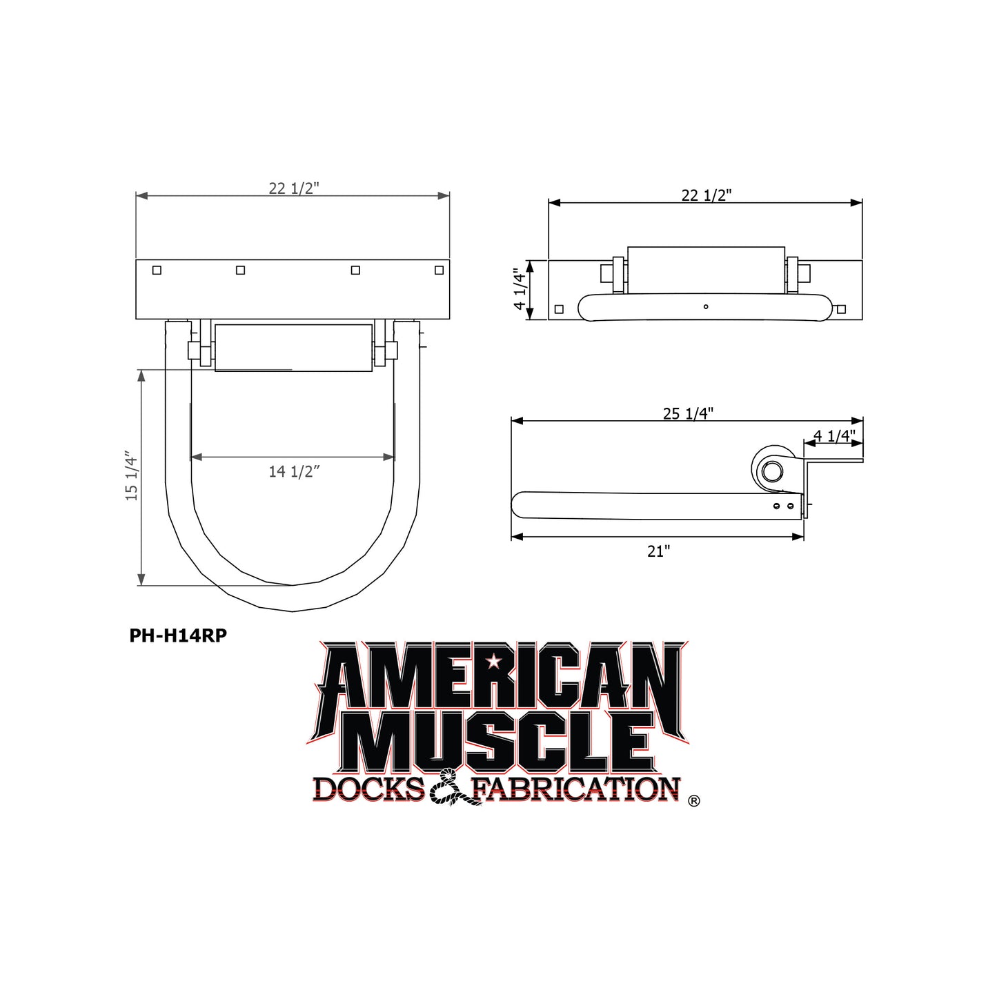 Technical drawing of HD Hoop Pile Guides (Poly Roller) with detailed dimensions, featuring a galvanized steel dock bracket and the American Muscle Docks & Fabrication logo at the bottom.