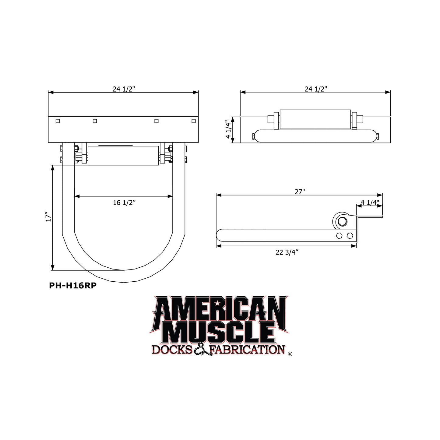 Technical drawing of HD Hoop Pile Guides (Poly Roller) with labeled dimensions, showing a galvanized steel bracket and the American Muscle Docks & Fabrication logo at the bottom.