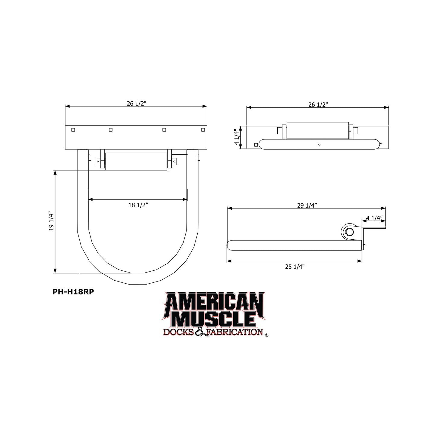 Technical drawing of HD Hoop Pile Guides (Poly Roller) in three views with labeled dimensions, above the American Muscle Docks & Fabrication logo.