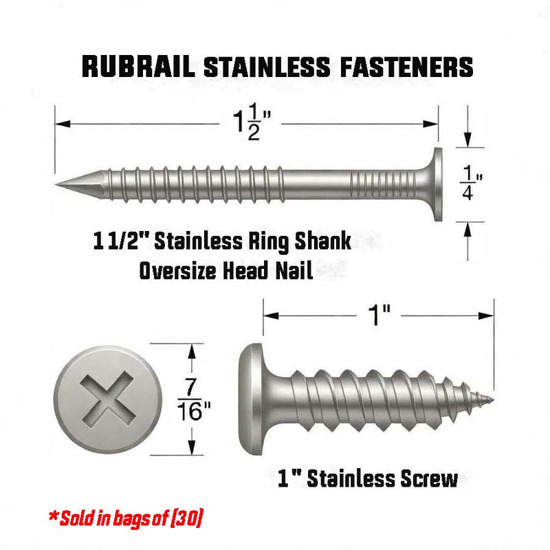 Diagram showing dimensions and features of American Muscle Docks & Fabrication Rubrail Ring Nail or Screw, sold in bags of 30. Includes 1 1/2" stainless ring shank oversize head nail and #1 Phillips recess drive stainless screw.