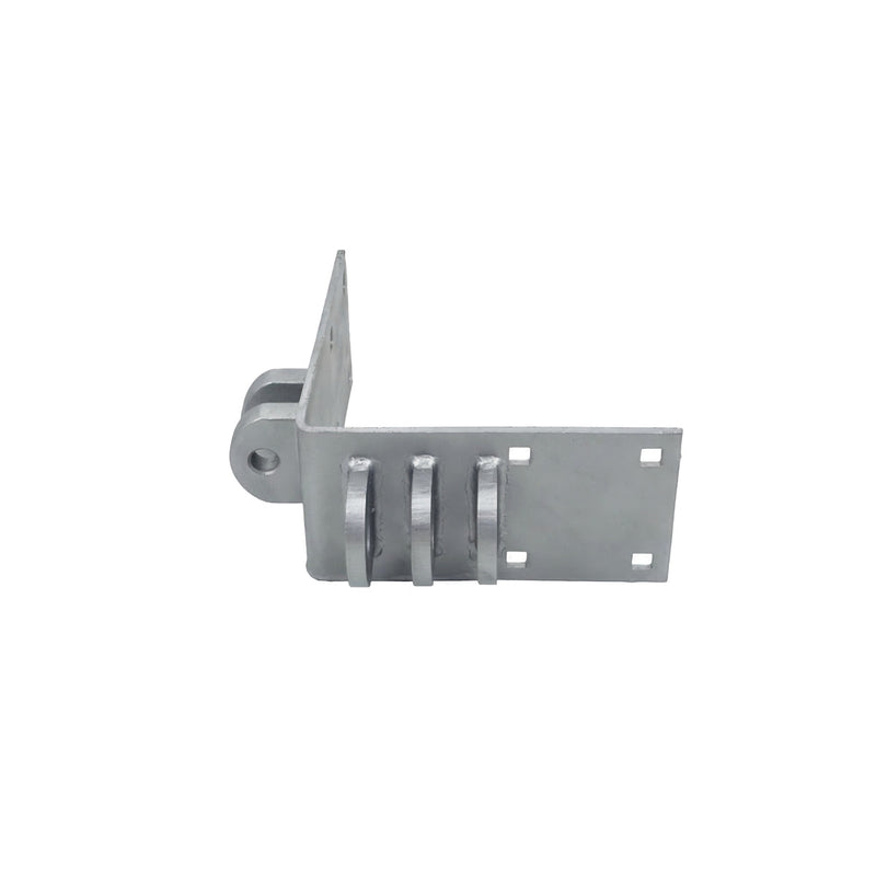 The American Muscle Docks & Fabrication Wood Dock Special Outside Corner Male/Female - Heavy Duty bracket features multiple mounting holes and three slotted tabs, ideal for dock hardware or finger dock use. Shown isolated on a white background.
