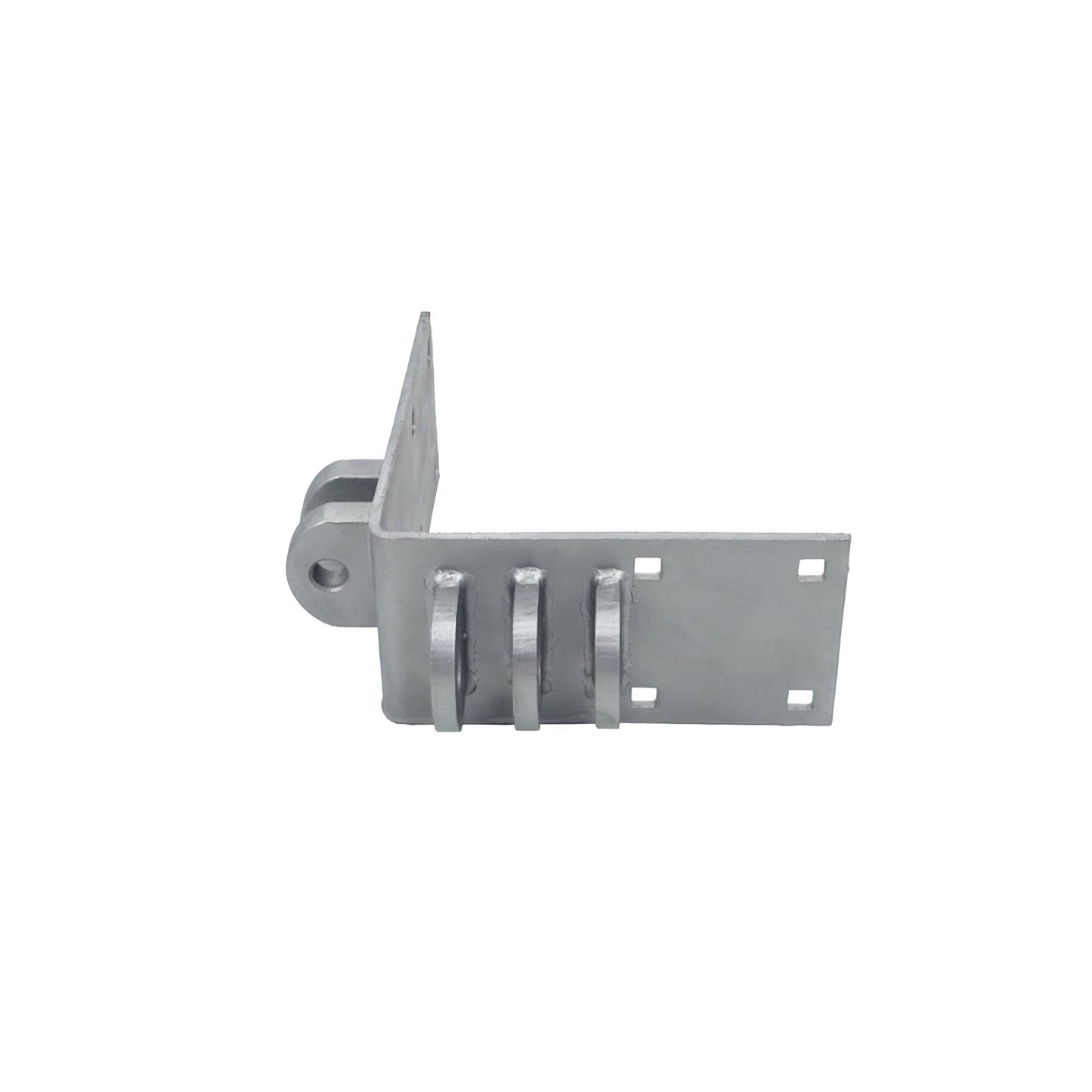 The American Muscle Docks & Fabrication Wood Dock Special Outside Corner Male/Female - Heavy Duty bracket features multiple mounting holes and three slotted tabs, ideal for dock hardware or finger dock use. Shown isolated on a white background.