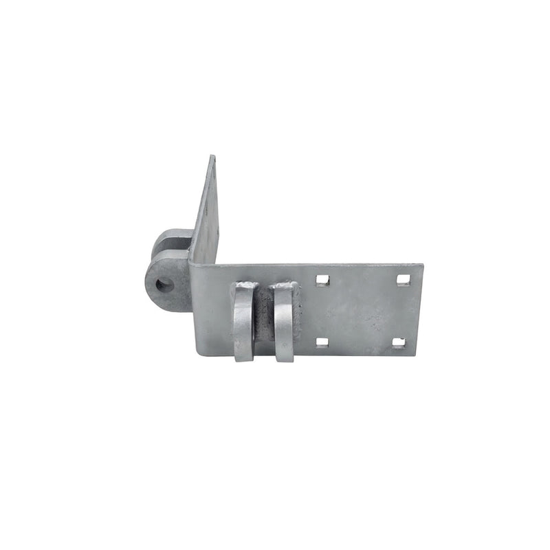 The American Muscle Docks & Fabrication Wood Dock Special Outside Corner Male - Heavy Duty is a right-angle metal hinge bracket with four square mounting holes, shown isolated on a white background.