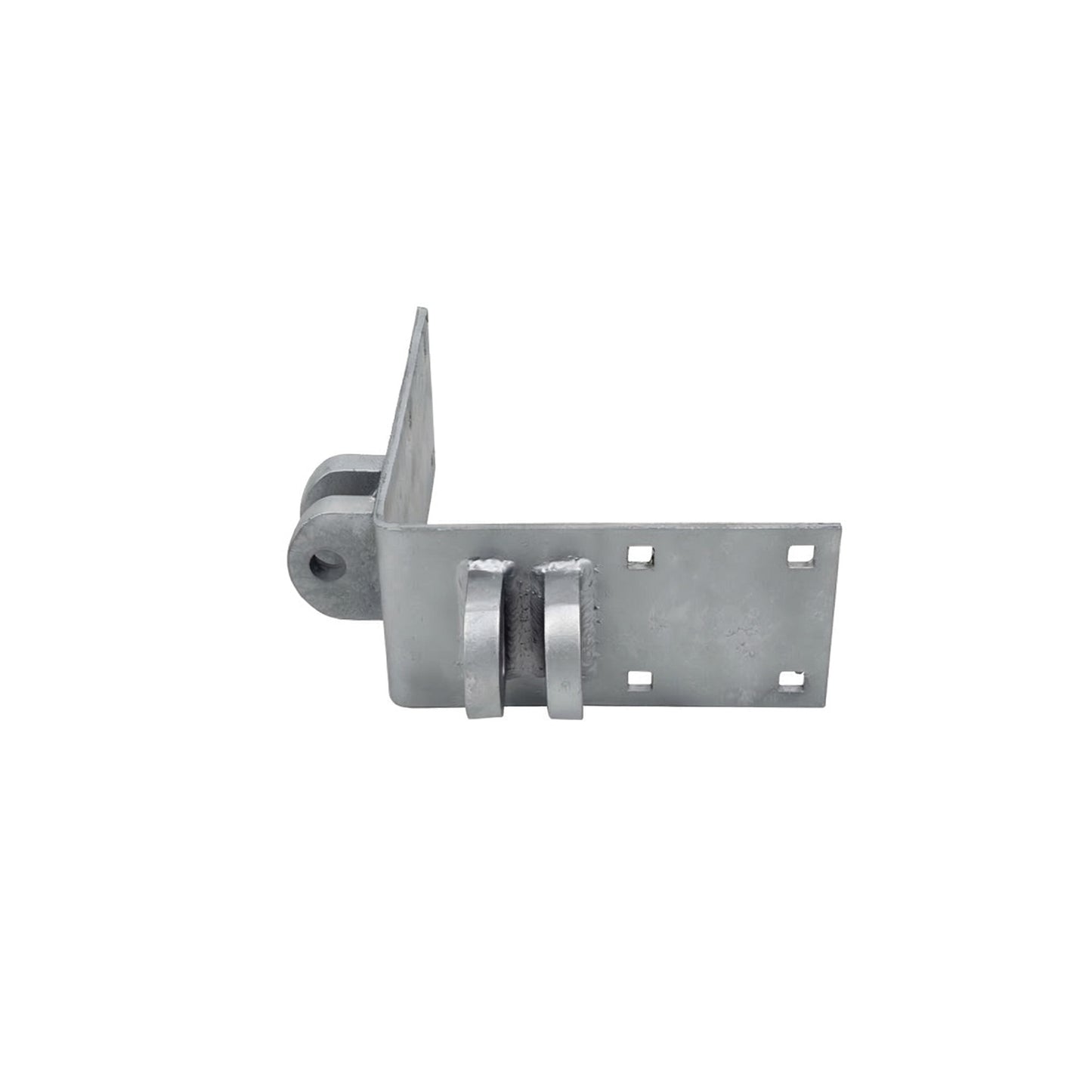 The American Muscle Docks & Fabrication Wood Dock Special Outside Corner Male - Heavy Duty is a right-angle metal hinge bracket with four square mounting holes, shown isolated on a white background.