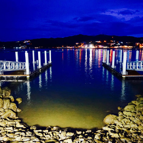Aluminum floating dock with gangways at night in South America built by American Muscle Docks