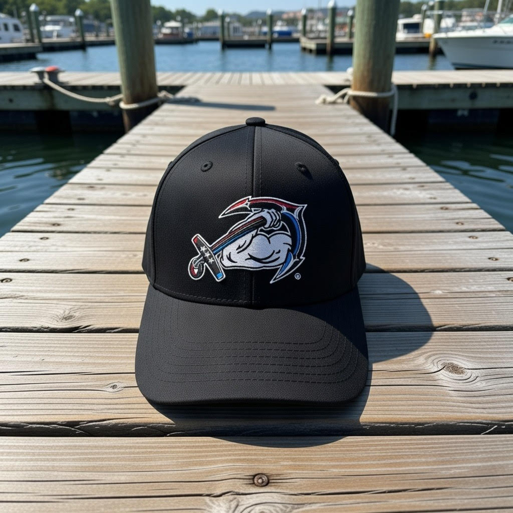 The AMD Sport-Tek Dry Zone Nylon Cap by American Muscle Docks is a black, sweat-resistant cap featuring a stylized swordfish logo, shown on a wooden dock with water and boats in the background.
