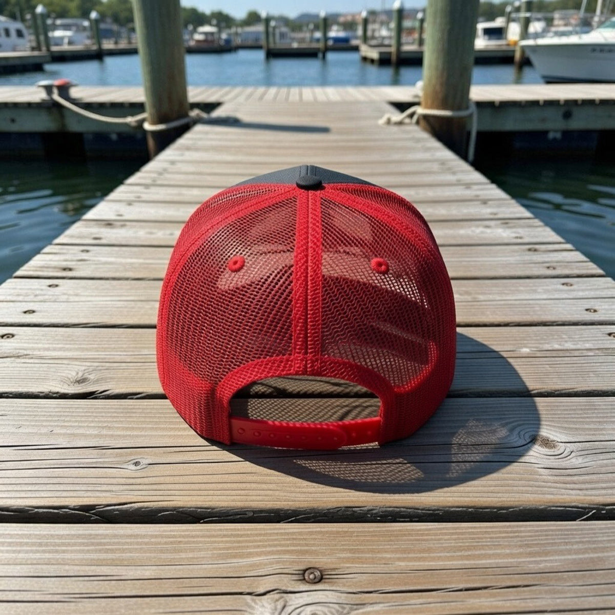 Red mesh American Muscle Docks cap on a wooden dock with water and boats in the background