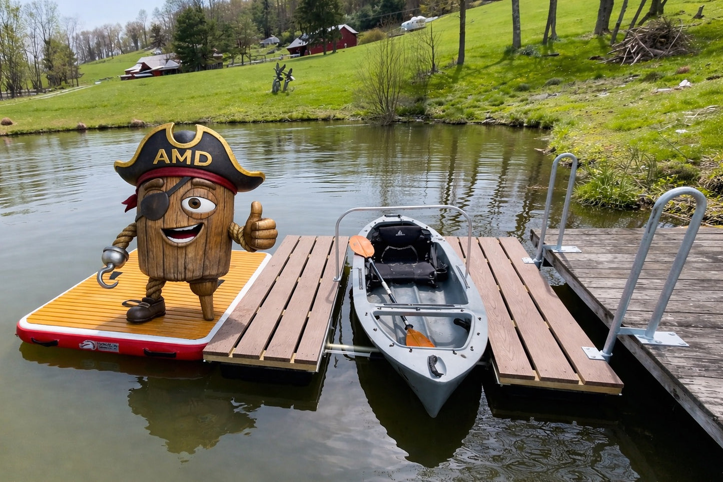 A wooden dock with a kayak on a lake features the American Muscle Docks & Fabrication Kayak Launch Dock and kayak accessories. A floating platform displays a large pirate-themed AMD mascot giving a thumbs up, with grassy hills and trees behind.