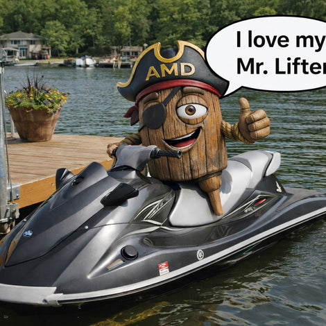 A mascot dressed as a wooden barrel with a pirate hat and eye patch sits on a jet ski by a dock, giving a thumbs up and saying I love my Mr. Lifter.