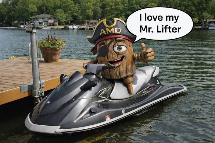 A mascot dressed as a wooden barrel with a pirate hat and eye patch sits on a jet ski by a dock, giving a thumbs up and saying I love my Mr. Lifter.