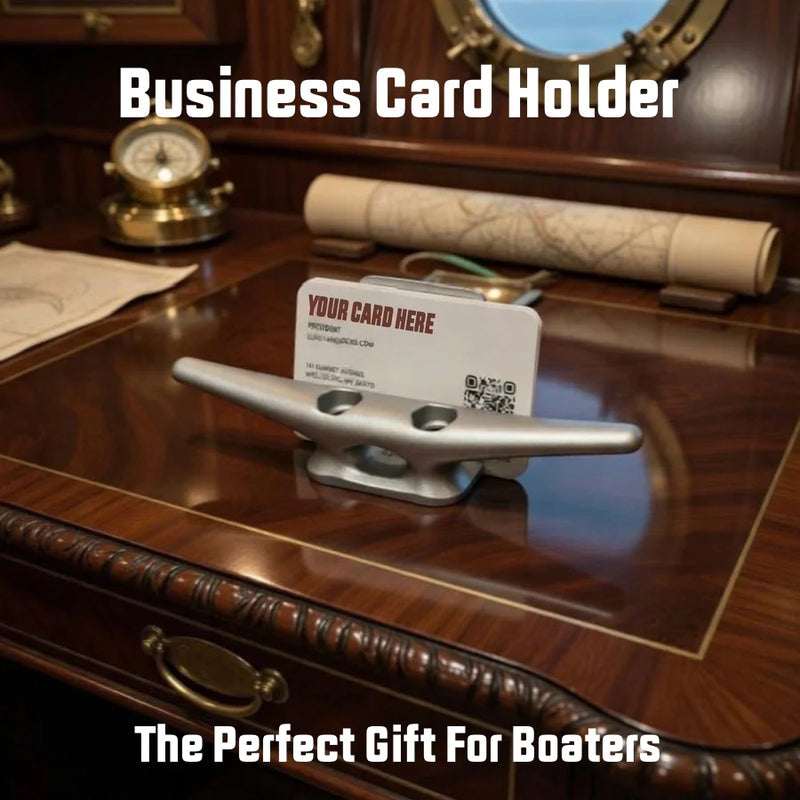 The Dock Cleat Business Card Holder by American Muscle Docks is a nautical-themed desk organizer. Text reads: “Business Card Holder. The Perfect Gift For Boaters.”.