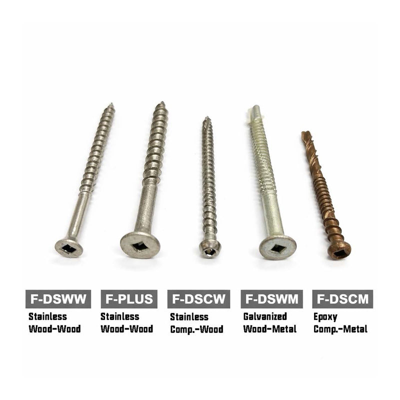 Five Square Drive Deck Screws from American Muscle Docks & Fabrication are shown side by side, labeled for stainless deck screw wood-wood, stainless wood-wood plus, stainless comp.-wood, galvanized wood to metal deck screw, and epoxy comp.-metal.