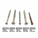 Five Square Drive Deck Screws from American Muscle Docks & Fabrication are shown side by side, labeled for stainless deck screw wood-wood, stainless wood-wood plus, stainless comp.-wood, galvanized wood to metal deck screw, and epoxy comp.-metal.