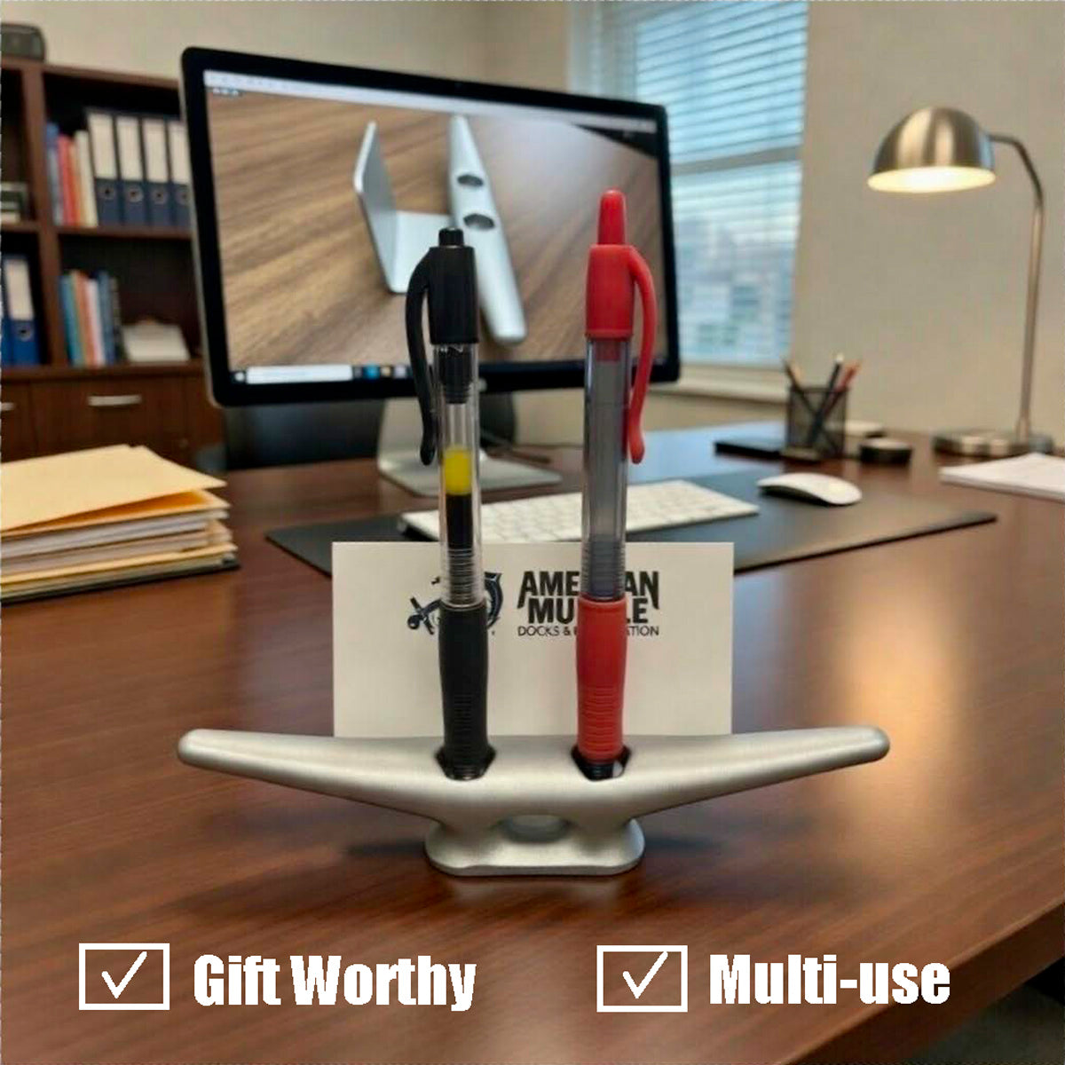 The Dock Cleat Business Card Holder by American Muscle Docks holds two pens and a business card on your desk—styled like a boat cleat, it's the perfect gift for boaters.