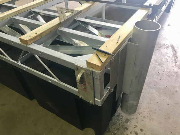 Dock hardware on steel truss floating dock built by American Muscle Docks