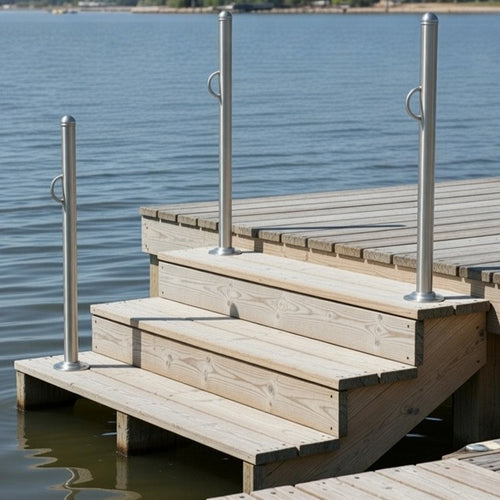 Marine-grade steel dock entry post providing a secure handhold for swimmers and boaters.