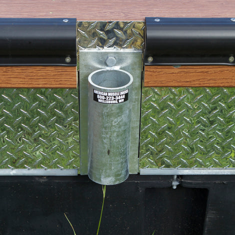 pile guide and custom flashing on floating dock built by American Muscle Docks
