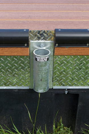 pile guide and custom flashing on floating dock built by American Muscle Docks