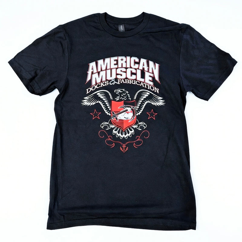 The AMD Eagle Crest T-Shirt by American Muscle Docks features an eagle, shield, anchor, and stars graphic in white, red, and gray—perfect for showing your American-built pride.
