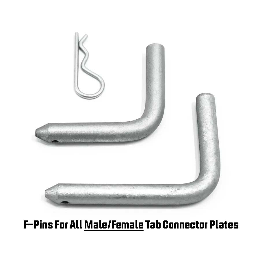 Two metal L-shaped connector pins and a wire hitch clip are displayed on a white background with the label HDG Tab Connector Pin & Clip from American Muscle Docks & Fabrication.