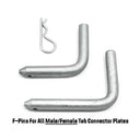 Two metal L-shaped connector pins and a wire hitch clip are displayed on a white background with the label HDG Tab Connector Pin & Clip from American Muscle Docks & Fabrication.