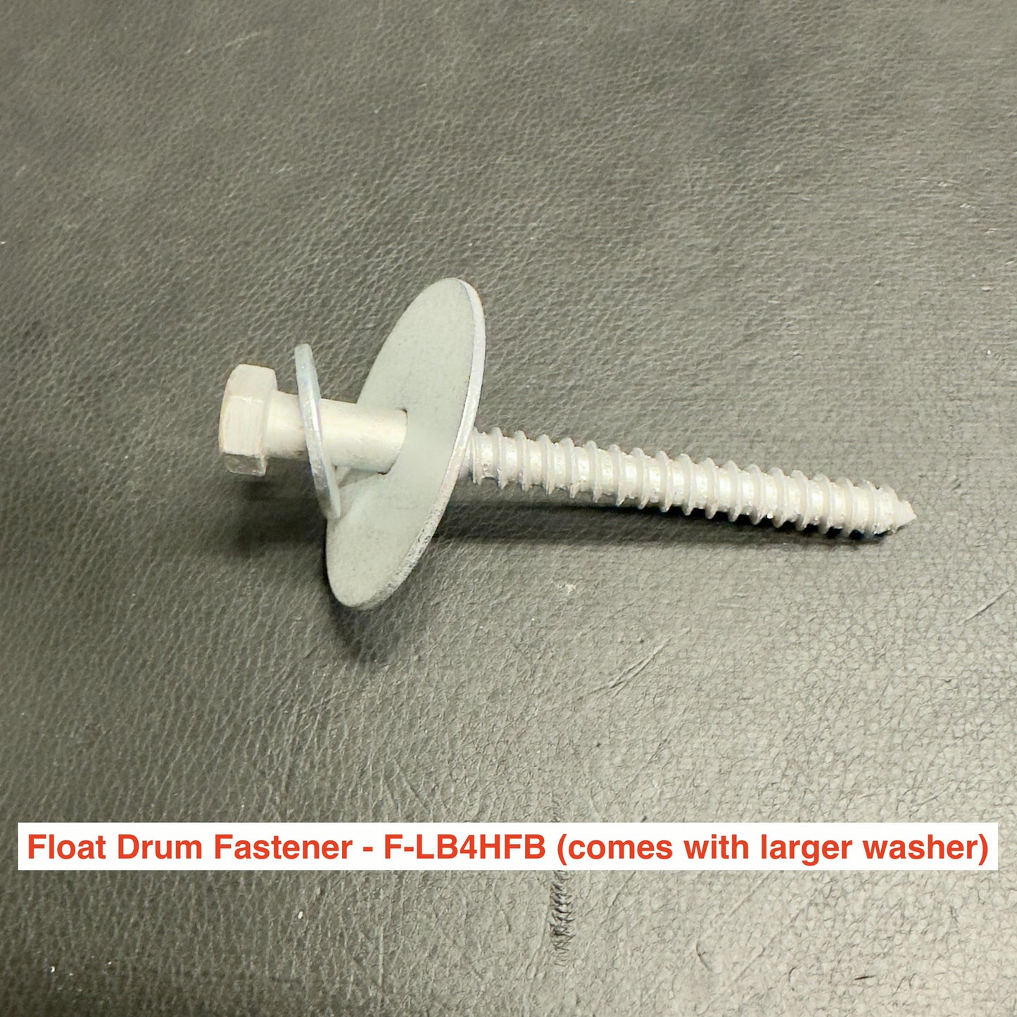 A metal screw with a large washer and hex head rests on a dark surface. Text reads: HDG Lag Bolt Sets by American Muscle Docks & Fabrication—ideal for fastening wood docks, includes larger washer.