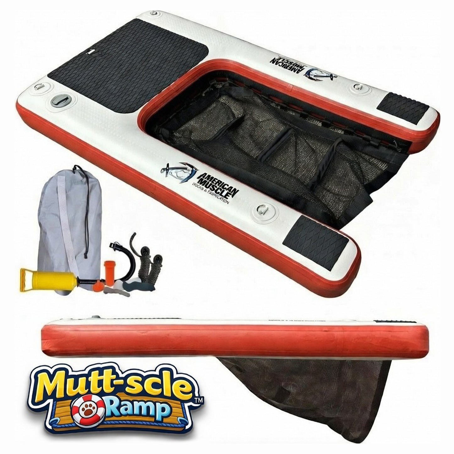 The Mutt-scle XL Floating Dog Ramp by American Muscle Docks & Fabrication is a rectangular, heavy-duty ramp with mesh net, black grip areas, and Mutt-scle Ramp logo. Includes backpack, pump, and hose.